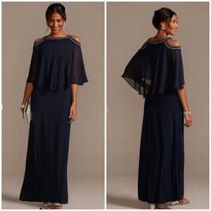 NWT ALEX EVENINGS Embellished‎ Cold Shoulder Chiffon Capelet Dress Navy Size 16